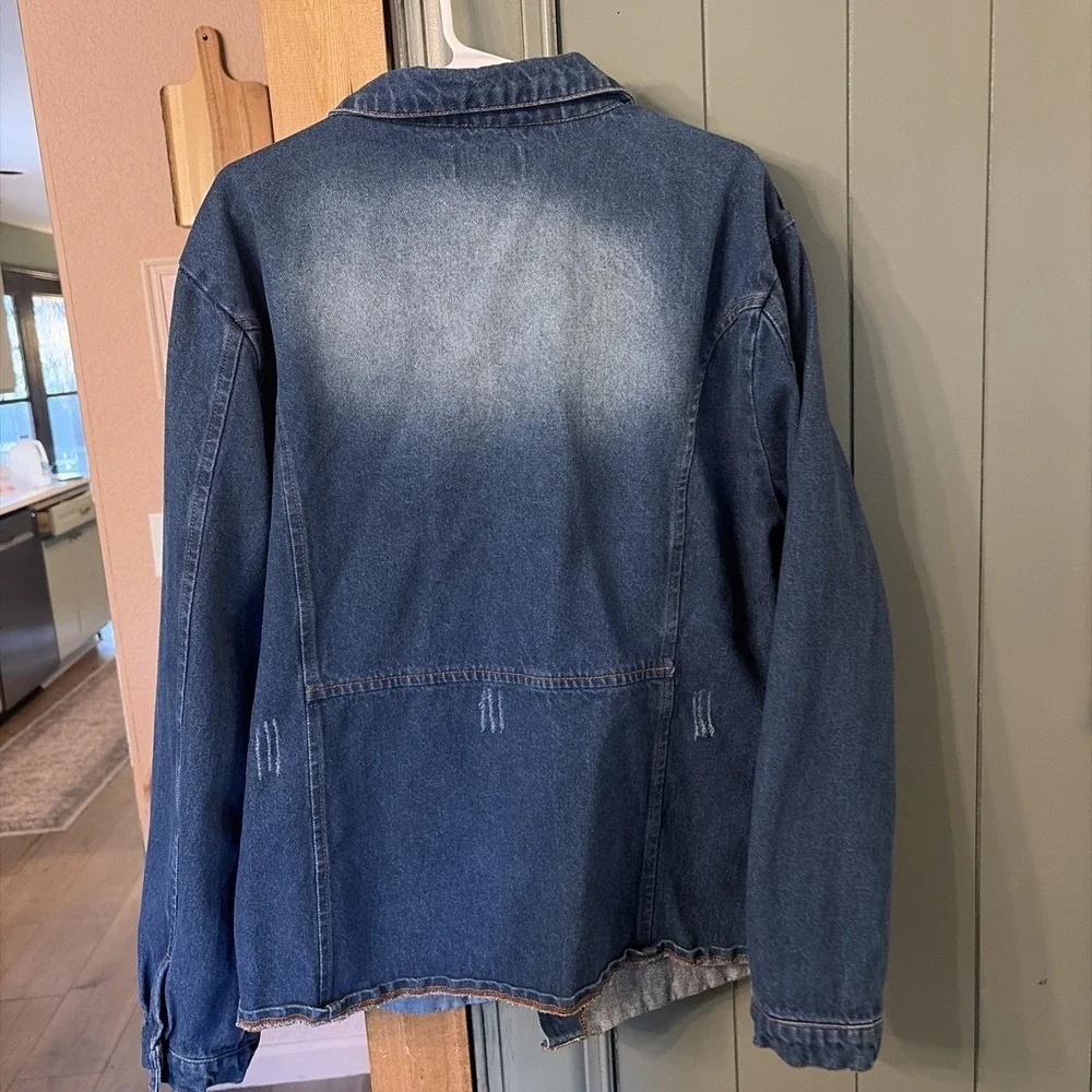 100% Cotton Blue Age Jeans Woman's XL Utility Jean Denim Chore Coat Zip Retro